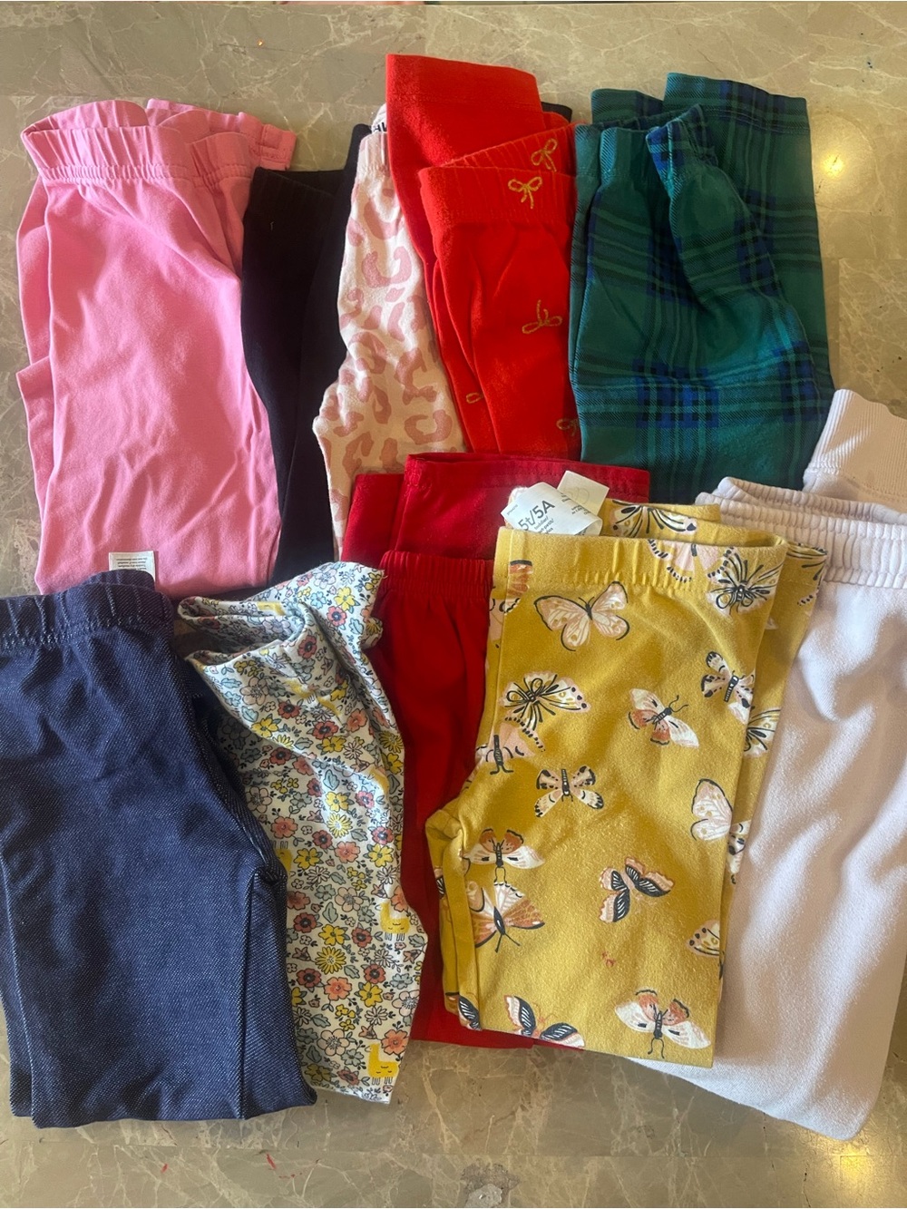 Bundle of Girls' Mixed Leggings - Pink, Red, Green Plaid, Mustard Butterfly